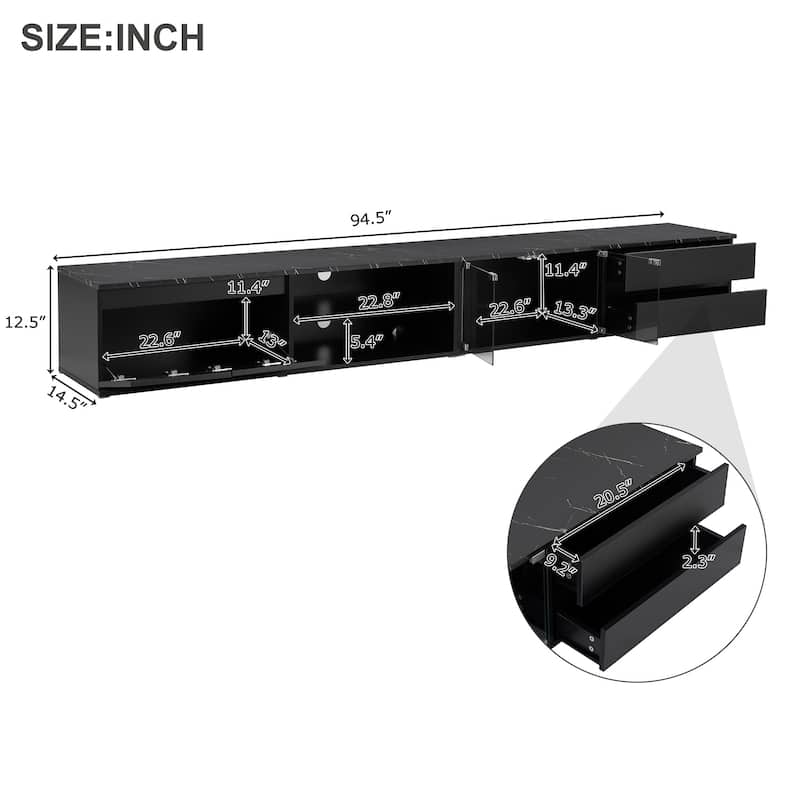 Modern APP Controlled LED TV Stand with Faux Marble Tabletop, Tempered Glass Doors and 2 Drawers