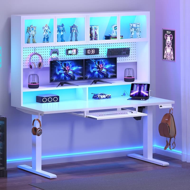 Electric Standing Desk Storage Height Adjustable Gaming Desk Hutch Pegboard - White