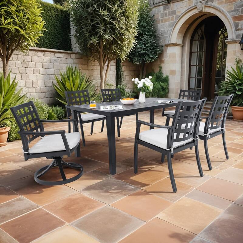 7-Piece Outdoor Aluminum Rectangular Dining Set with 2 Swivel Rocker Chairs, Sunbrella Fabric - Ember Black