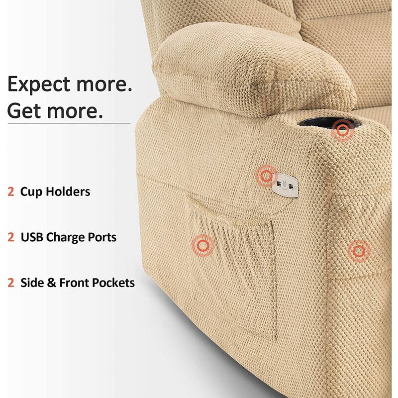 Mcombo Manual Glider Rocker Recliner with Cup Holders for Nursery, USB Ports, 2 Side & Front Pockets, Plush Fabric 8002
