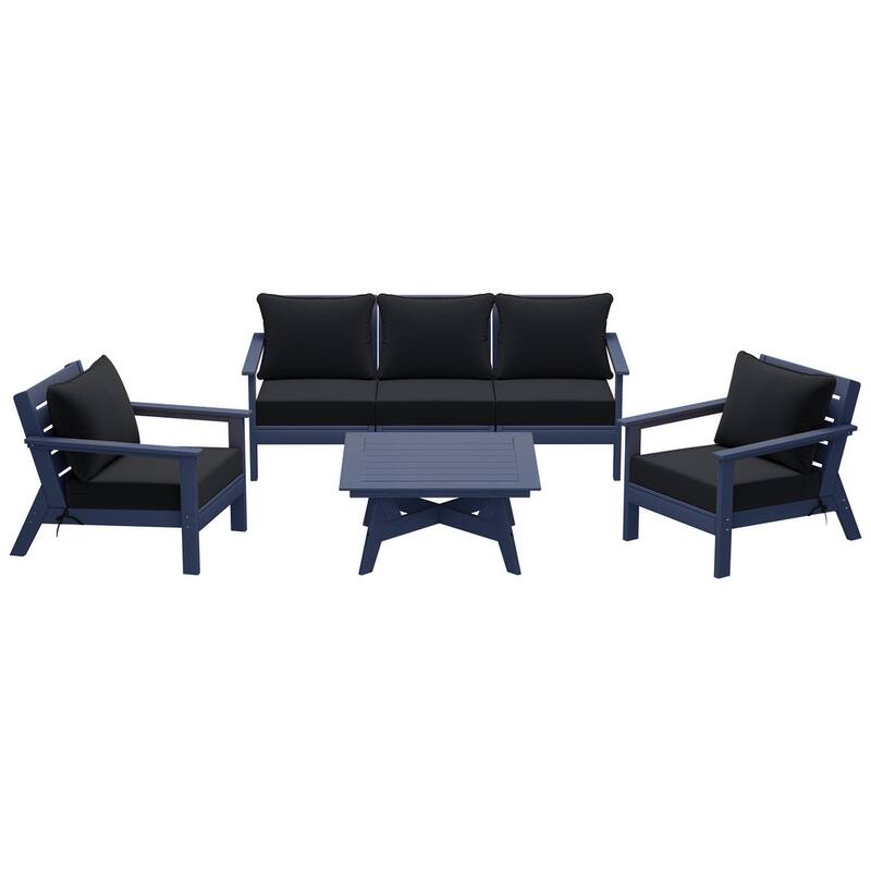 Birchwood All Weather HDPE Outdoor Patio Navy Blue Deep Seating Conversation Set (6-Piece Set)