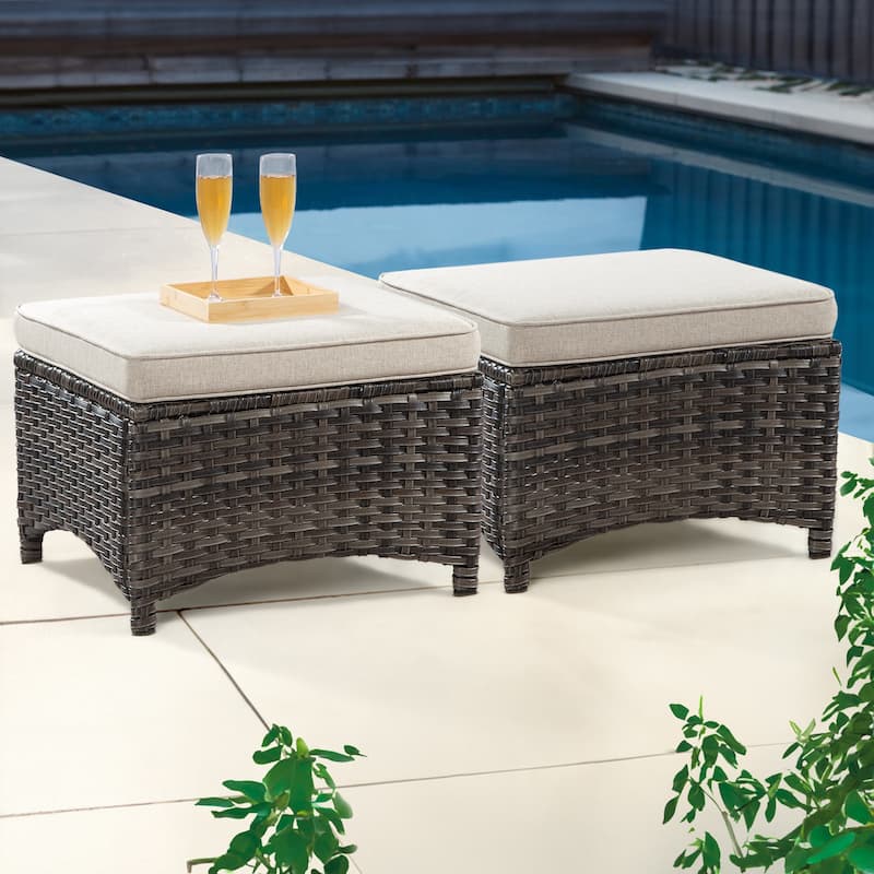 Cozywor 2-Piece Wicker Outdoor Patio Ottoman Set with Cushions