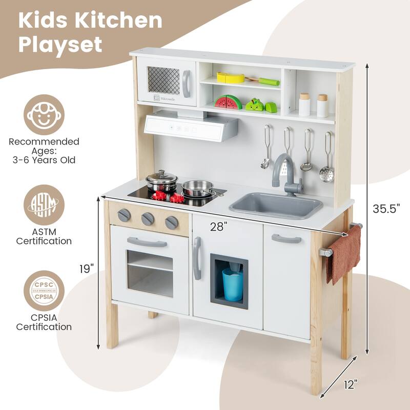 Wooden Pretend Play Kitchen Set for Toddlers - 28"L x 12"W x 35.5"H