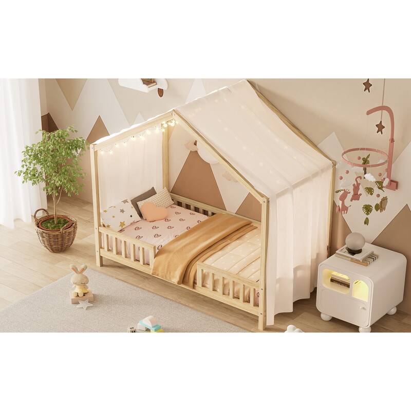 Montessori Floor Bed with Canopy, Twin Bed Frame for Kids, House Shape Toddler Bed Frame with High Railings,Twin