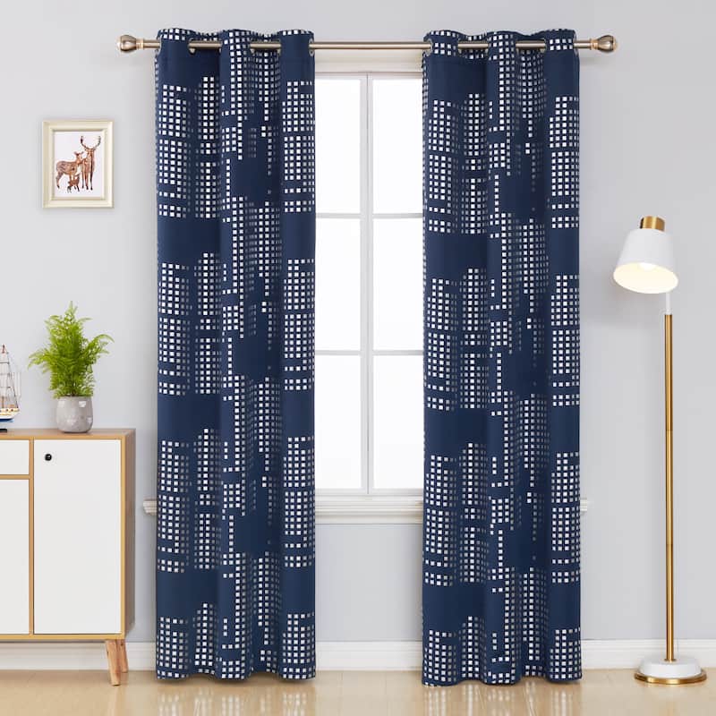 Room Darkening Silver Foil Pattern Grommet Curtains 2 Panels - 52 x 54 Inch - Navy