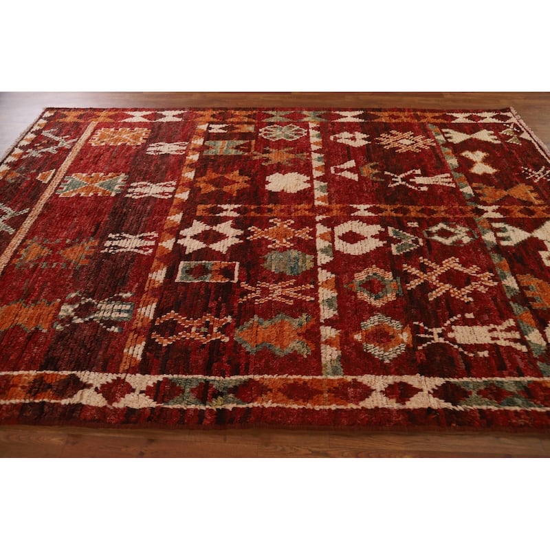 Red Tribal Geometric Moroccan Area Rug Hand-knotted Wool Carpet - 6'8" x 9'6"