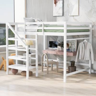 Full Size Loft Bed w/Built-in Storage Staircase and Hanger