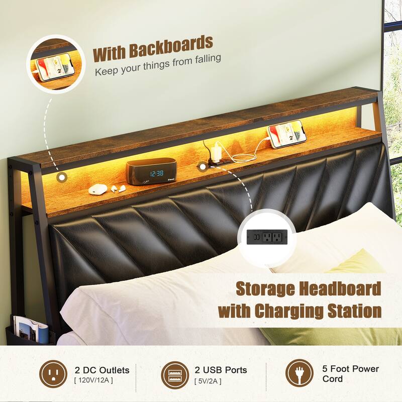 Rustic Platform Bed with 105-Degree Tilted Upholstered Headboard, Charging Station & LED Lights, Noise-Free Metal Bed Frame