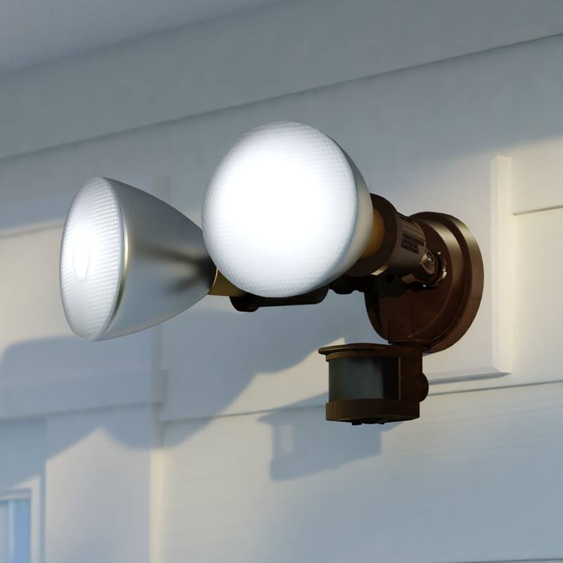 Motion Sensor Dusk to Dawn Outdoor Security Flood Light - 2 Adjustable Light Heads - 4 Modes - Bronze - 6.75-in W x 6.25-in H x 5.25-in D