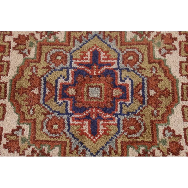 Ivory Geometric Heriz Serapi Indian Foyer Rug Hand-Knotted Wool Carpet - 3'0"x 4'11"
