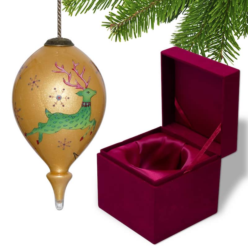 Golden Reindeer and Snowflakes Hand Painted Mouth Blown Glass Ornament - 4.75" x 2.5" x 2.5"