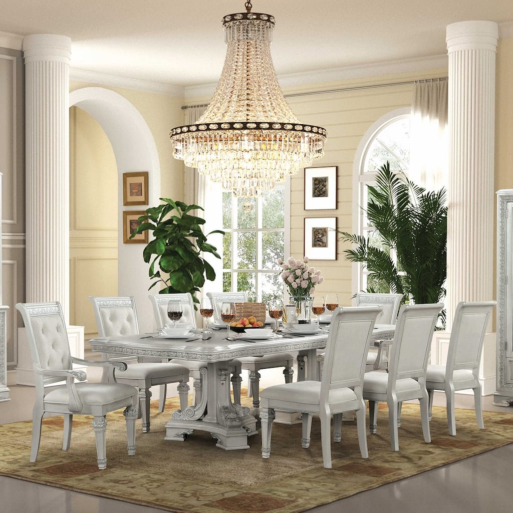 9PC Royal Ivory Finish Dining Set Extendable Table and Upholstered Chairs