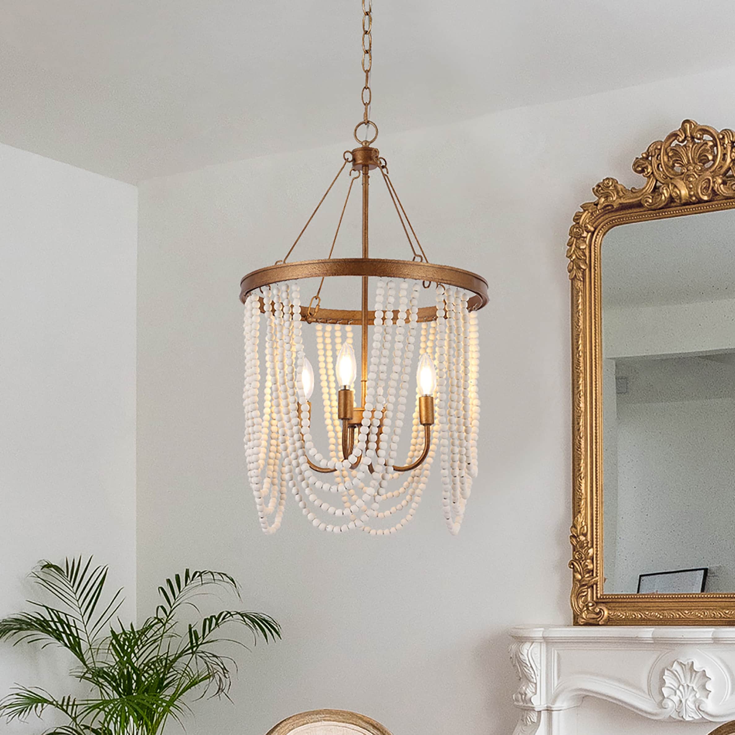 Renia Empire Farmhouse Wood Beaded Coastal Chandelier 4-light Empire Hanging Lights for Living Room Bedroom