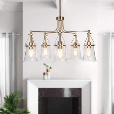 Haye Modern Gold 5-Light Wheel Glass Chandelier for Dining Room Bedroom - D25" x H16.5"