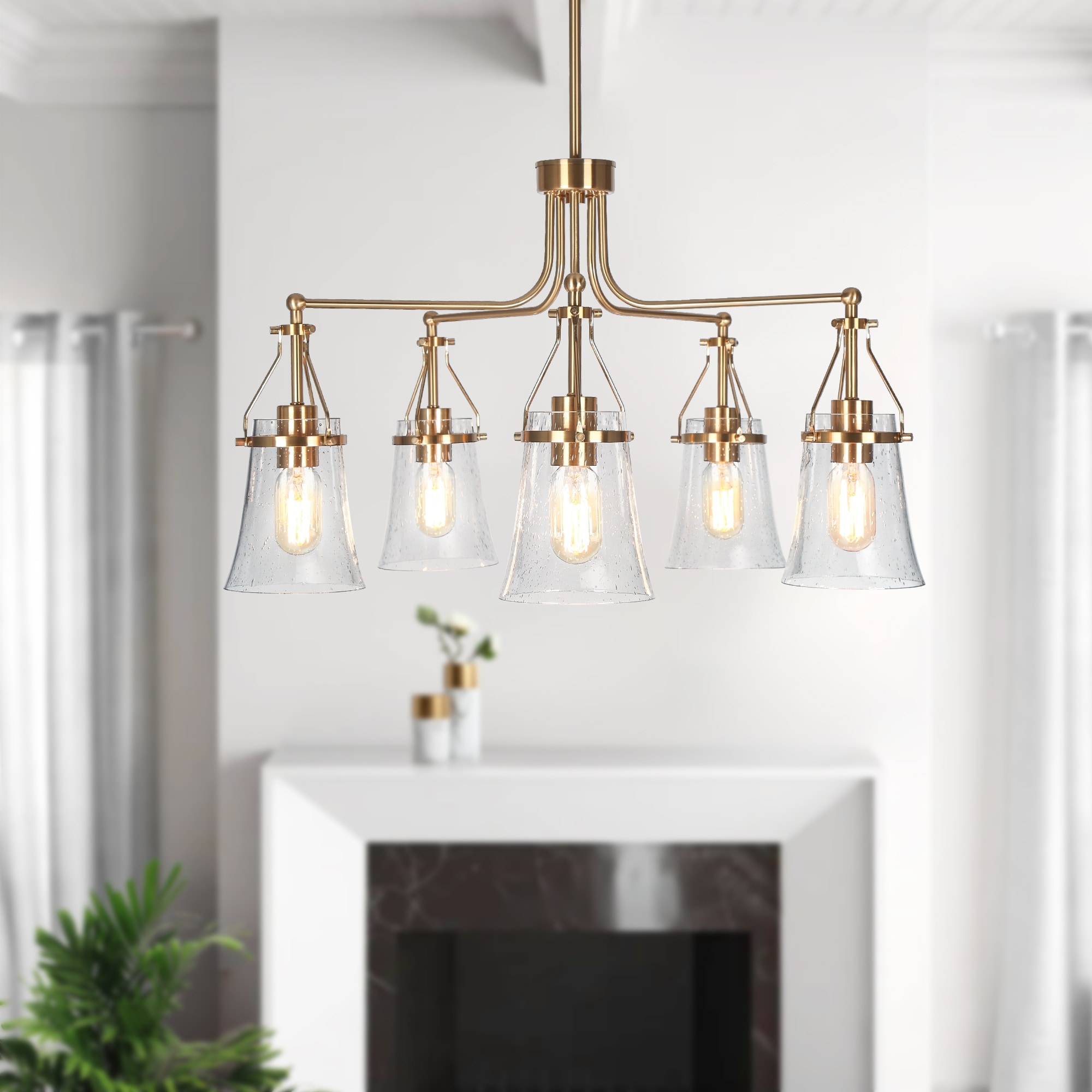 LALUZ Modern Gold 5-Light Wheel Glass Chandelier for Dining Living Room - D25" x H16.5"