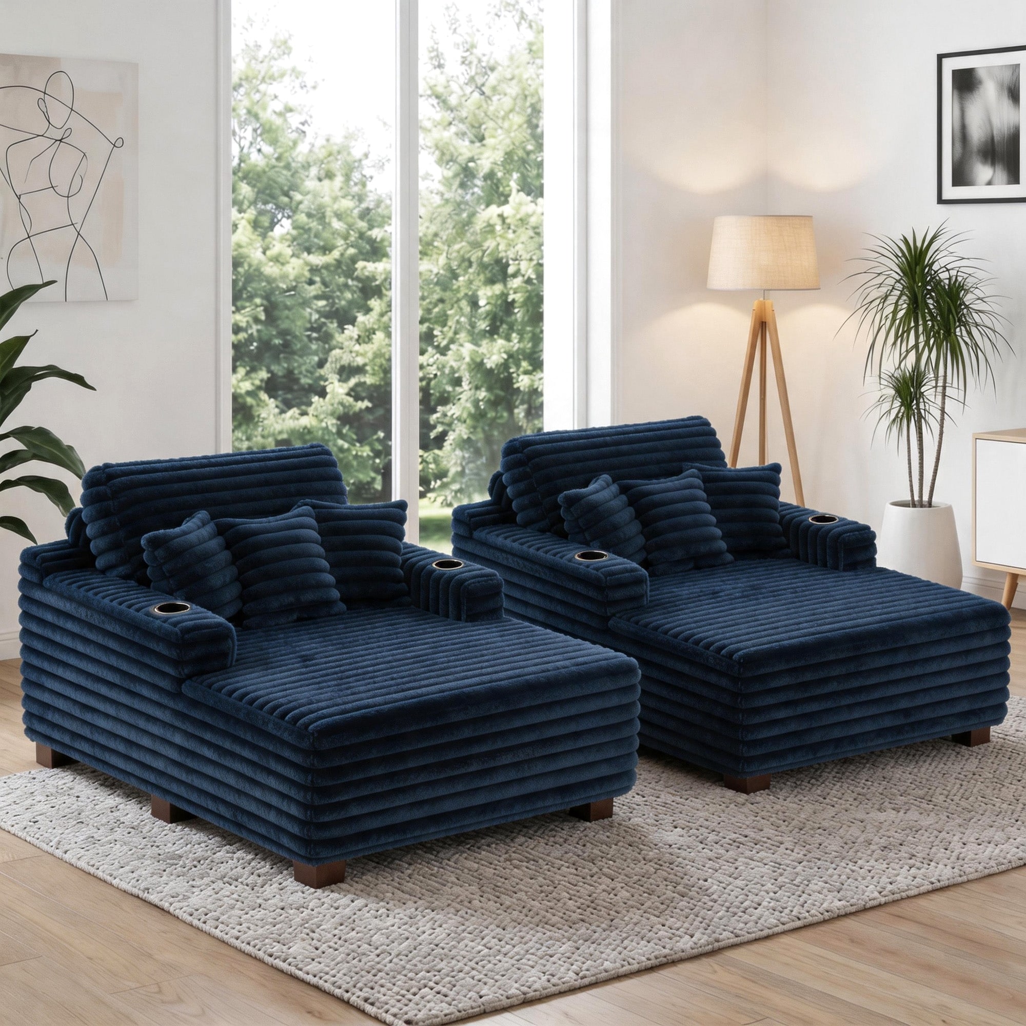 53"W Oversized Plush Fur-Like Chaise Lounge Sofa with Cup Holder