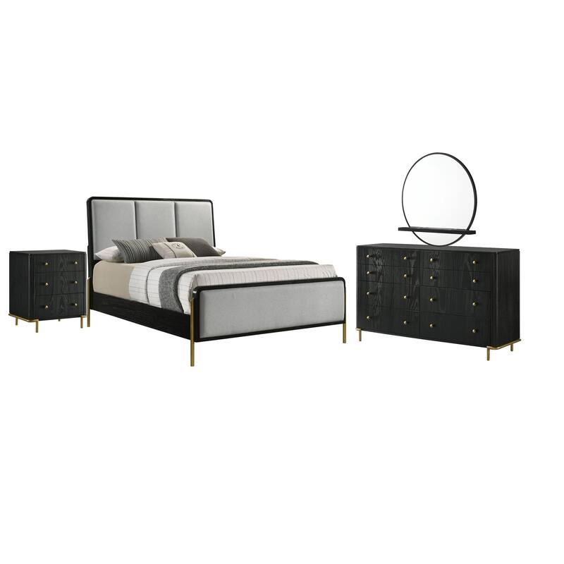 Fij 4pc Queen Bedroom Set, Dresser, Padded Gray Upholstery, Black