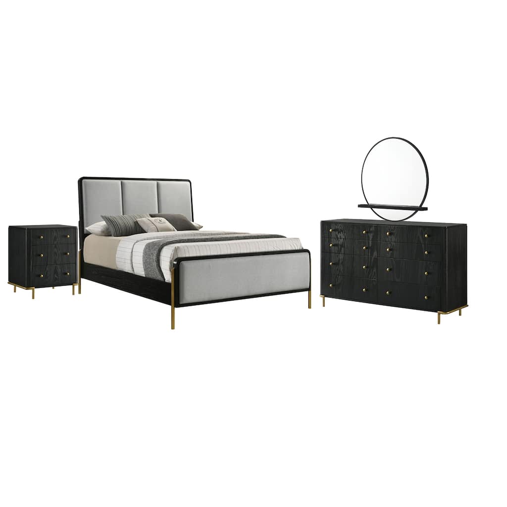 Fij 4pc Queen Bedroom Set, Dresser, Padded Gray Upholstery, Black