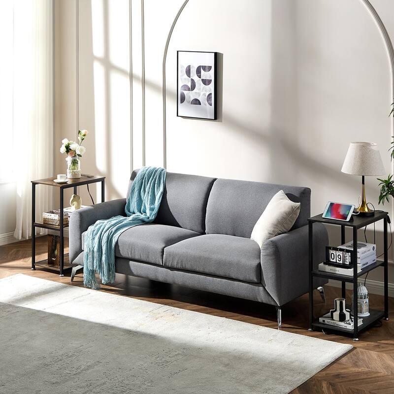 VECELO Industrial Nightstand with Charging Station 3-Tier End Table Bedside Table Black Steel Frame for Small Spaces