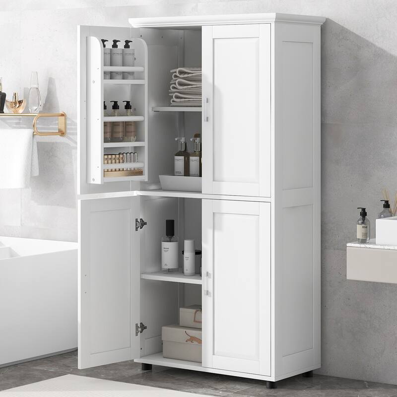 Tall and Wide Bathroom Floor Storage Cabinet, Bathroom Storage Unit, Freestanding Cabinet with 4 Doors, Adjustable Shelves