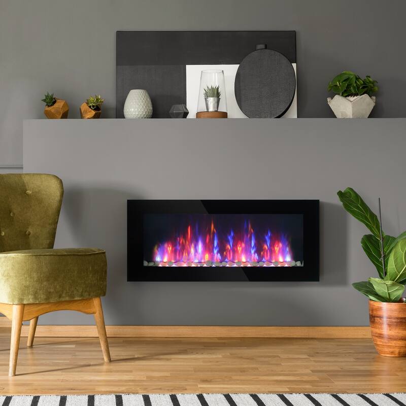 161-400 Sq Ft Black Wall-Mount Heater with Tempered Glass Dual Heat Settings and Adjustable Flame Colors