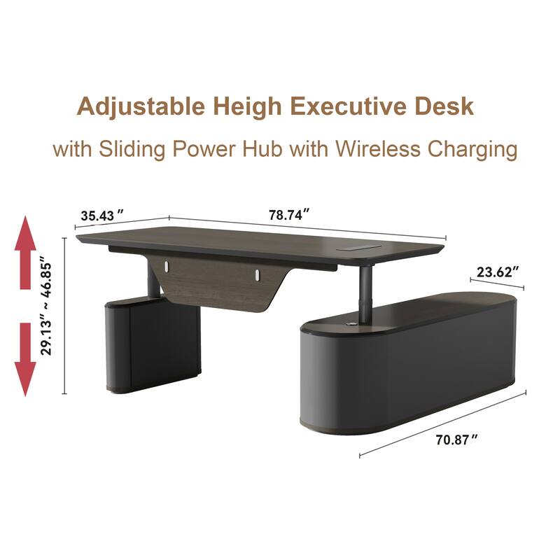 Sit & Stand Adjustable Height L Shaped Executive Desk with File Cabinets Drawers Universal Charging Ports