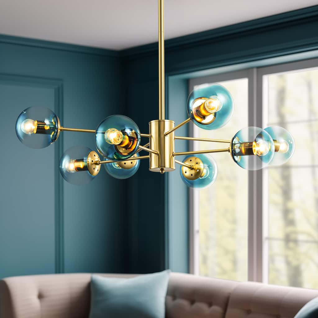 8-Light Modern 2-Tier Sputnik Linear Cluster Gradient Blue Clear Glass Globe Bubble Chandelier