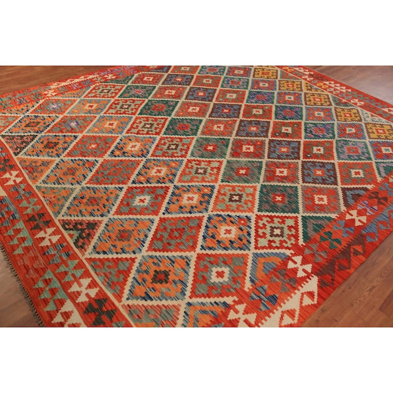South Western Style Kilim Oriental Rug Flatweave Orange Wool Carpet - 8'3"x 9'11"