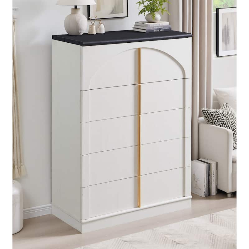 44" Tall Modern 5 Drawers Dresser with Arched Panel, Chest of Drawers - White