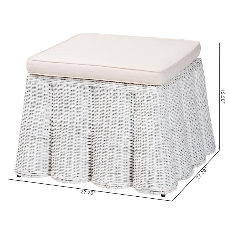 Palm Scallop Natural Rattan Ottoman with Cushion – Handwoven Wicker Accent Bench or Footrest for Living Room or Sunroom, Square