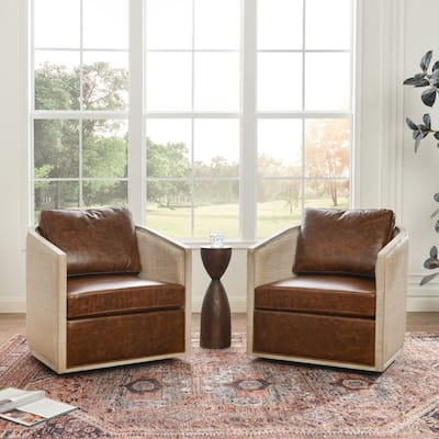 KINWELL 31"W Oak Frame Upholstered Swivel Barrel Armchair