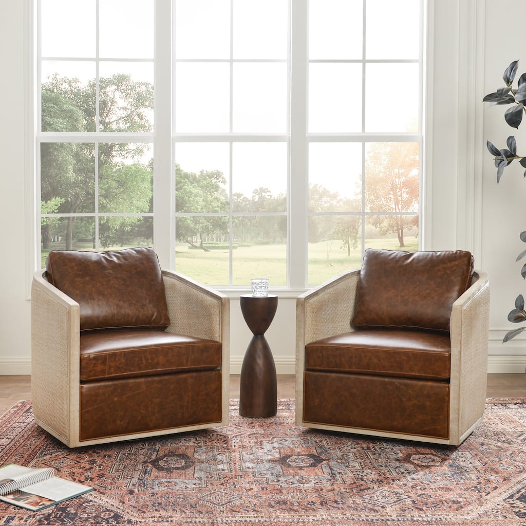 KINWELL 31"W Oak Frame Upholstered Swivel Barrel Armchair