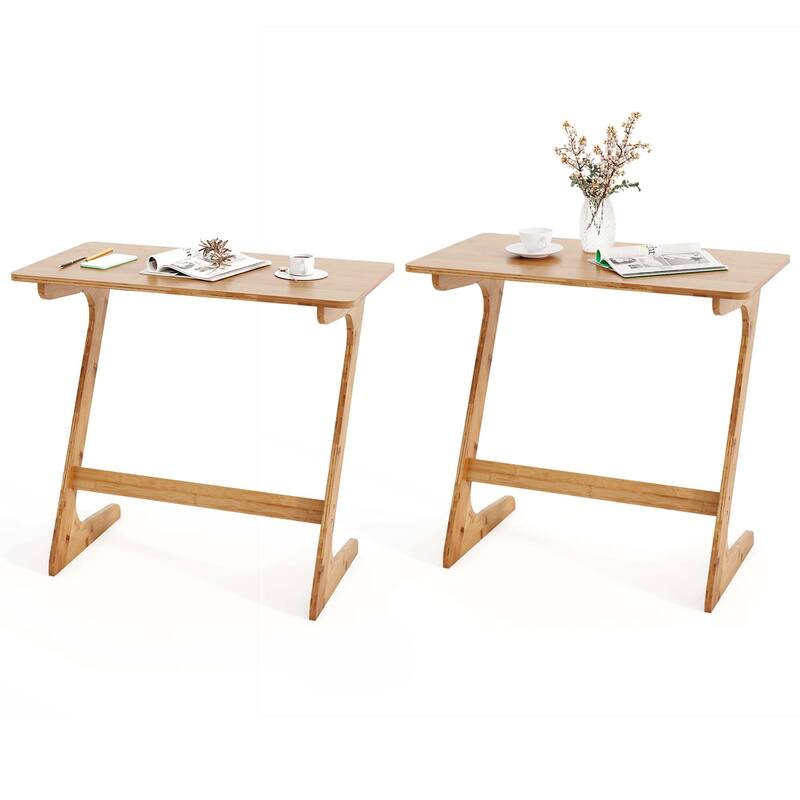 Set of 2 Bamboo TV Tray Table Z Shaped Sofa Side Table for Small Space - Natural - 2 pcs