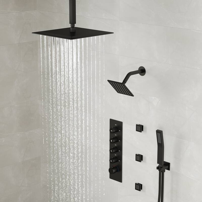Dual Heads 16" Rainfall & High Pressure 6" Shower Head 3 Way Thermostatic Faucet System w/ 3 Body Jets