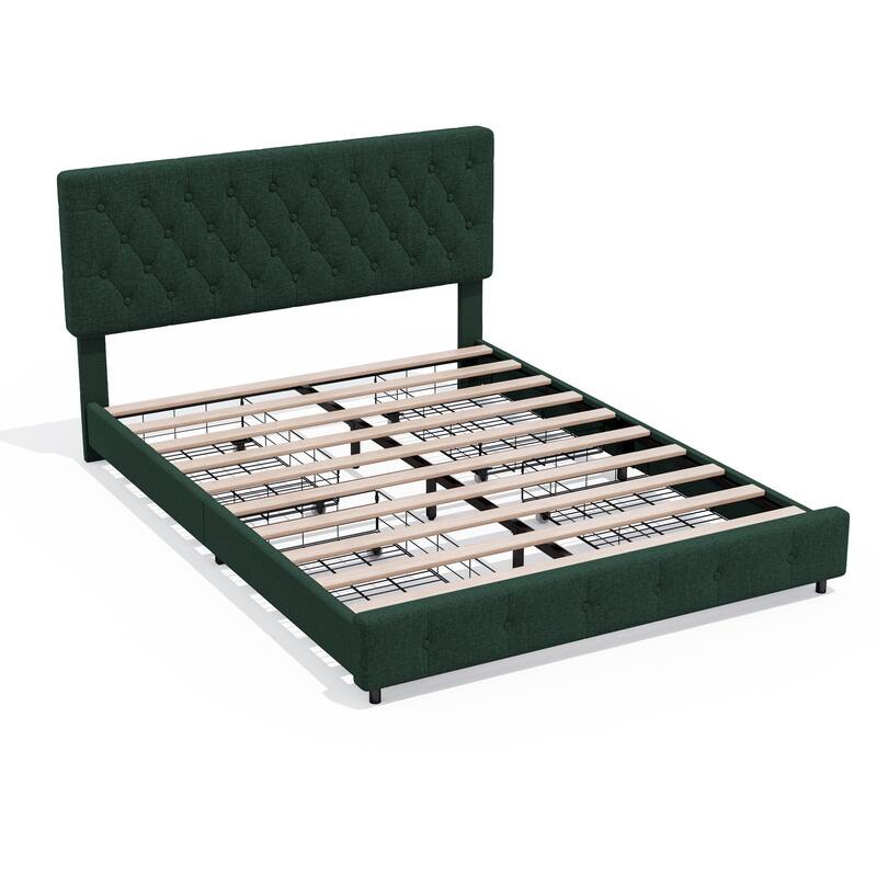 Linen Upholstered Headboard Bed Frame with Large Hidden Storage, 4 Underbed Drawers with Pulleys - Dark Green - Full