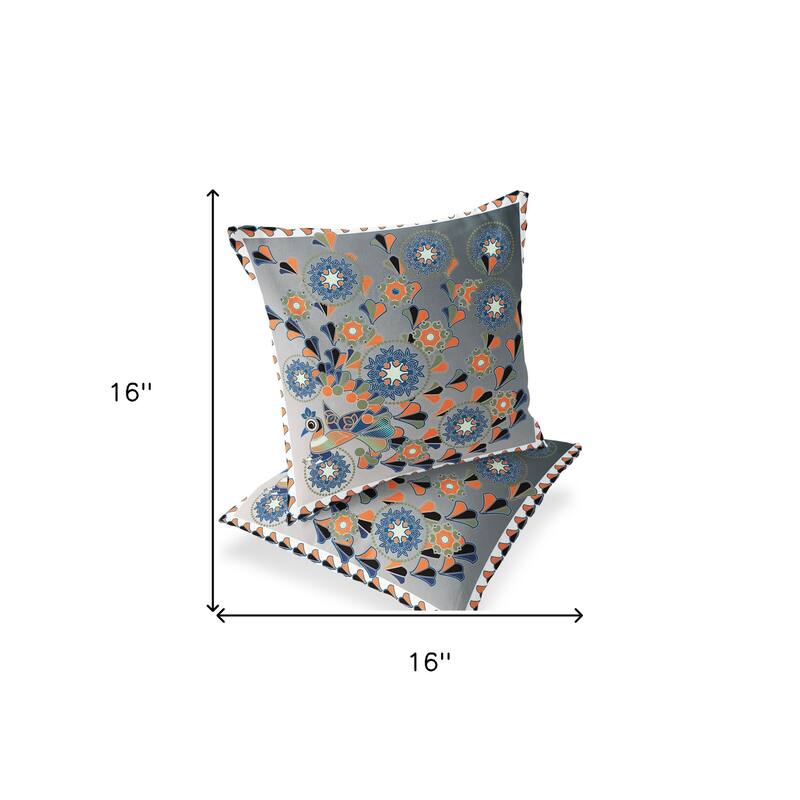 HomeRoots Set of Two 16" X 16" Gray and White Peacock Blown Seam Floral Indoor Outdoor Throw Pillow - 16.00' X '16.00' X '5.00