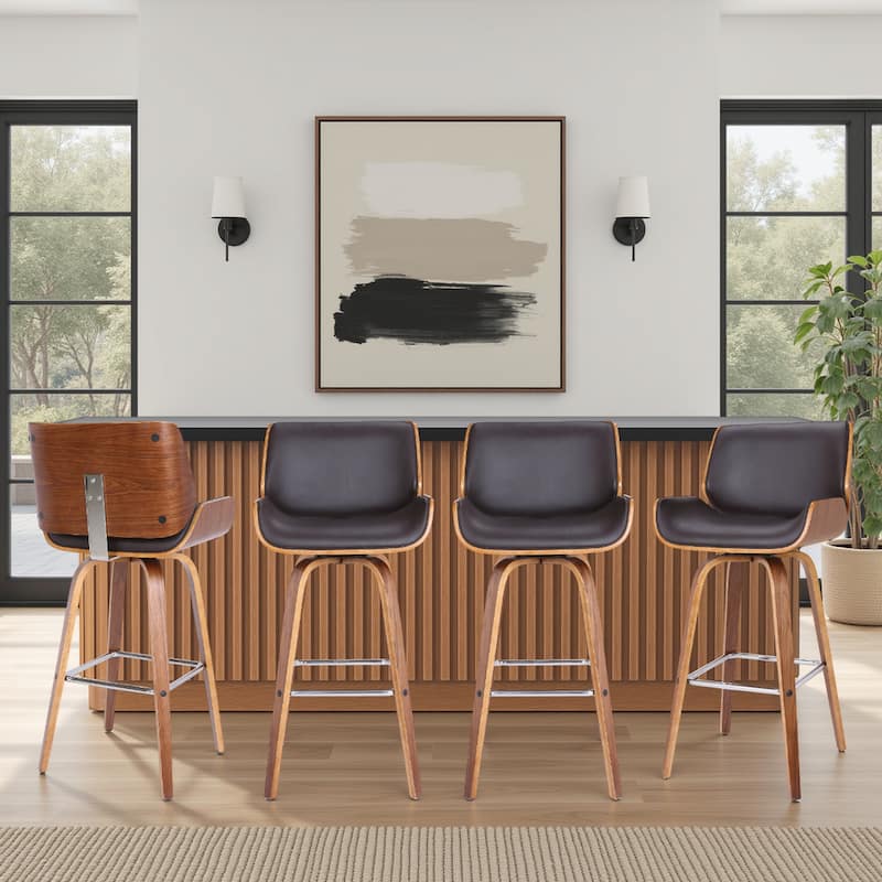 Tyler Mid-Century Swivel Bar Stool, Upholstered Counter Height Chair with Bentwood Legs - Set of 4 - Brown & Walnut - Bar Height