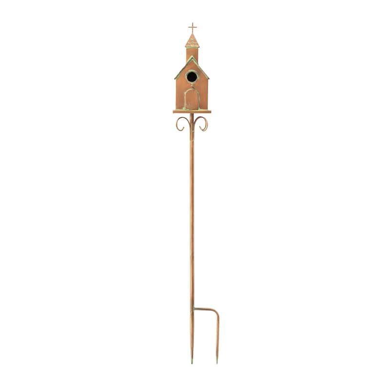 Glitzhome 53"H Farmhouse Distressed Metal Standing Churchlike Birdhouse Garden Stake