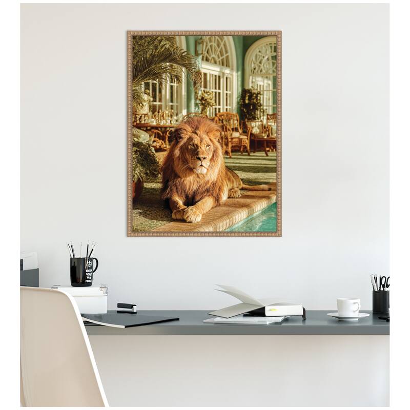 Kate and Laurel Majestic Lion by the Pool by Michael Schauer Framed Canvas Wall Art Print