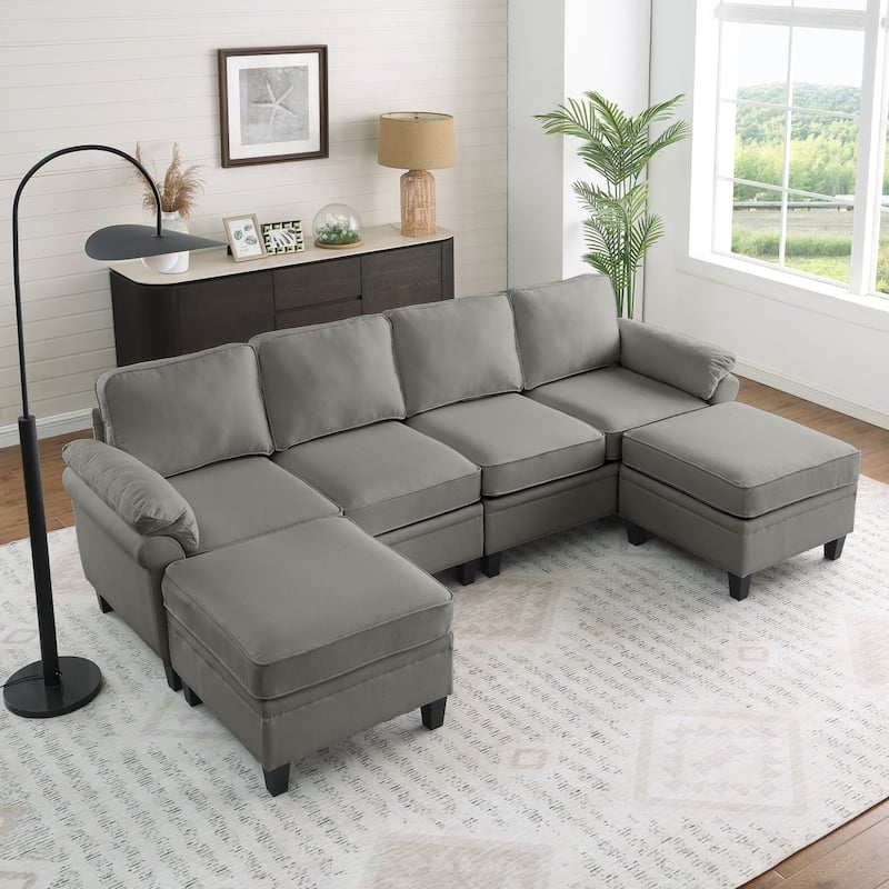 102" U-Shaped Linen Fabric Sectional Sofa with Ottomans