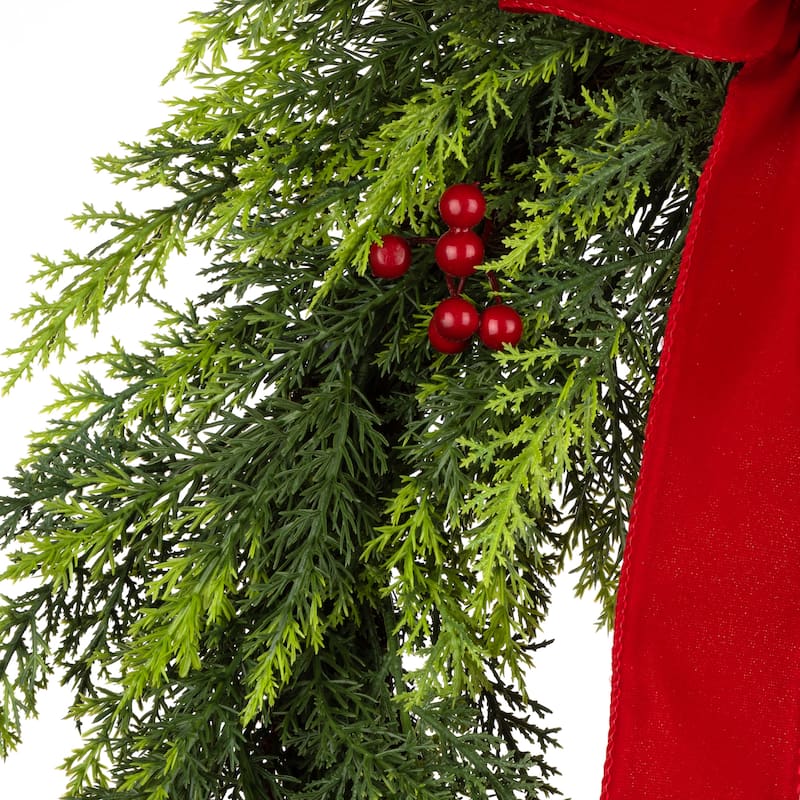 National Tree Company 2 ft. Artificial Feel Real Christmas Classic Wreath with Red Berries, Cypress Tips, and a Red Bow - 2 ft