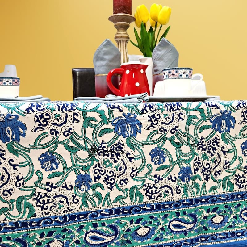 Block Print Cotton Verdant Floral Paisley Tablecloth Collection