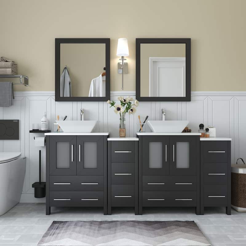 Vanity Art 72" Double Sink Bathroom Vanity Set with Engineered Marble Top and Free Mirror - 72 W X 18.5 D X 31.1 H - Espresso