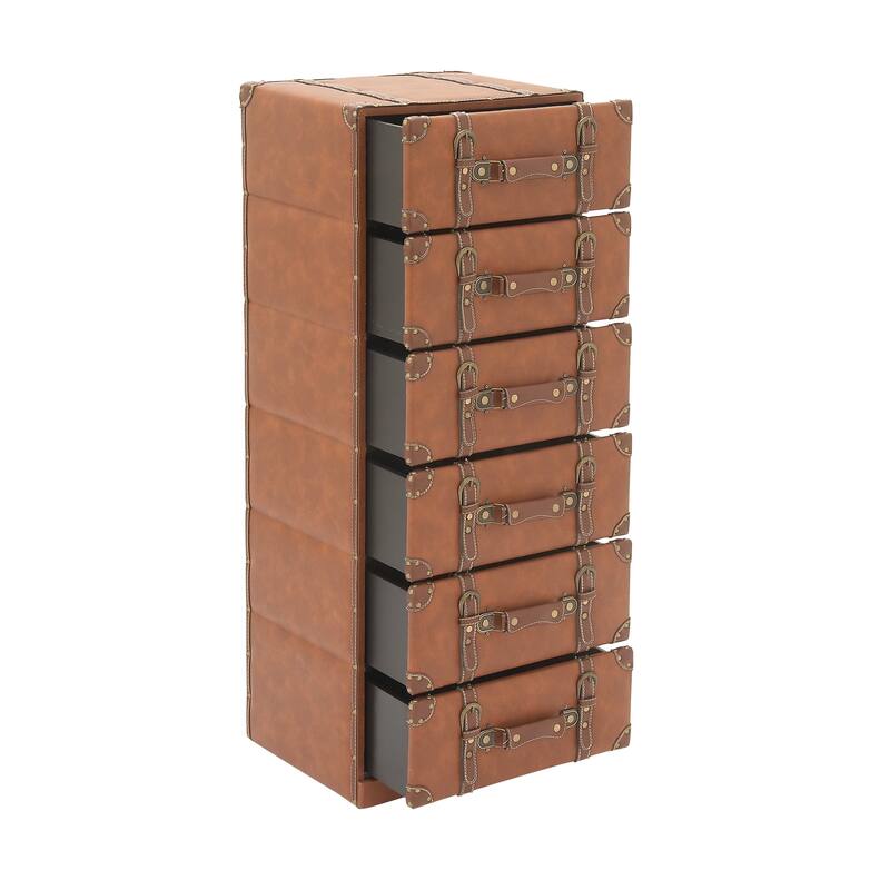Wooden Faux Leather 5 or 6 Drawers Chest with Buckle and Strap Detailing - Brown - Roche River Decor