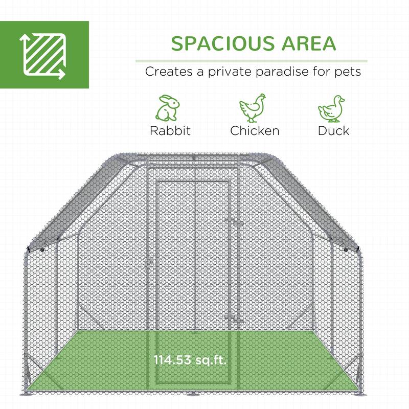 PawHut Large Chicken Coop Metal Chicken Run with Waterproof and Anti-UV Cover, Flat Shaped Walk in Fence Cage Hen House