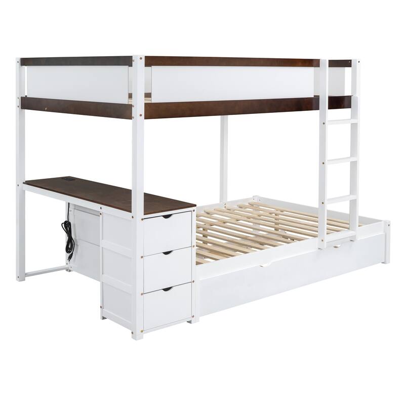 White+Walnut Bunk Bed with Twin Trundle, Desk, Drawers, USB Outlets, Guardrails