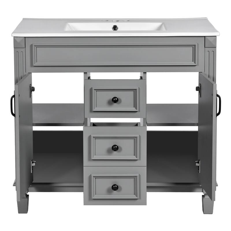 36'' Bathroom Vanity with Top Sink, Freestanding Vanity Set with Mirror Cabinet