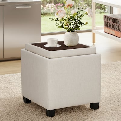 RENEWLINE ​18" Square Storage Ottoman with Tray - 250LBS Weight Capacity, Leather Upholstered Footstool for Living Room
