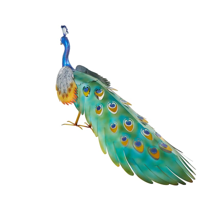 Metal Peacock Garden Sculpture with Gold Legs and Teal Wings - Blue - Roche River Decor