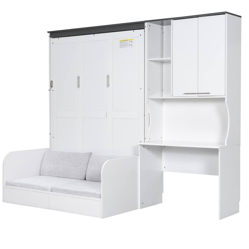 Space-saving Foldable Bed Design Murphy Bed Foldable Platform Bed with Sofa, All-in-one Storage Bookcase Cabinet and Desk